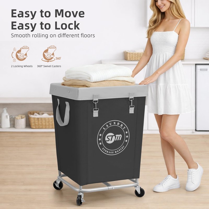 STORAGE MANIAC Commercial Laundry Hamper with Heavy Duty Steel Frame, 160 L Industrial Laundry Basket Cart with Wheels for Hotel, Home, Laundry Room, 17.72''L x 17.72''W x 30.91''H, Medium Black