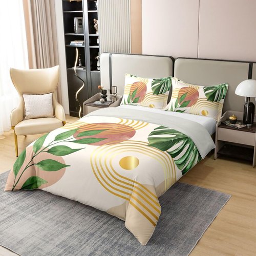 Erosebridal Palm Leaves 100% Natural Cotton Duvet Cover King Size Tropical Botanical Plants Comforter Cover for Kids Teens Golden Geometric Stripes Bedding Set Decor Nature Summer Theme Bed Set Decor