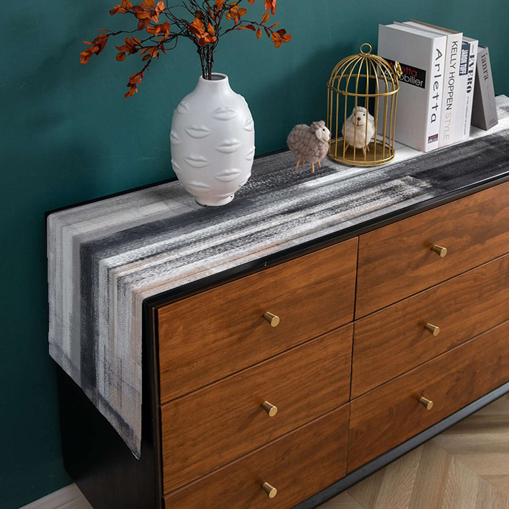 TQFZP Black and Grey Modern Table Runner and Place Mats Set of 6 Abstract Black and White Gray Pink Linen Dining Mat Sets Washable Ivory Tabletop for Home Table Decorations 70 Inches Long