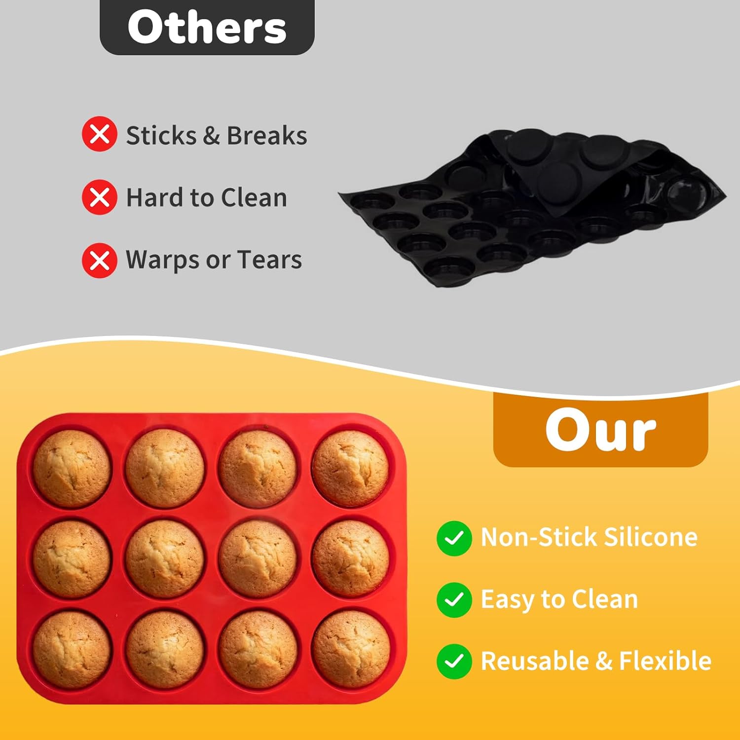 Skiennix Silicone Cupcake Pan - Nonstick 12-Cup Muffin Pans | Durable & Flexible, Easy to Clean, Red