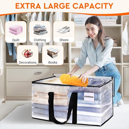 HomeHacks Clear Moving Bags - Heavy Duty 4 Pack with Zipper & Waterproof Design | 93L/24Gal (28.7"x14.2"x14")
