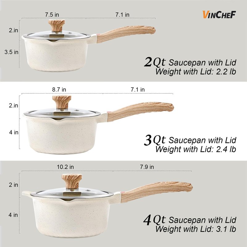 VINCHEF Nonstick Saucepan with Lid, 3QT Sauce Pan with Stay Cool Handle, Non Stick Small Cooking Pots Induction pot, Dishwasher Safe, Compatible for All Stove Top, PFAS and PFOA Free White