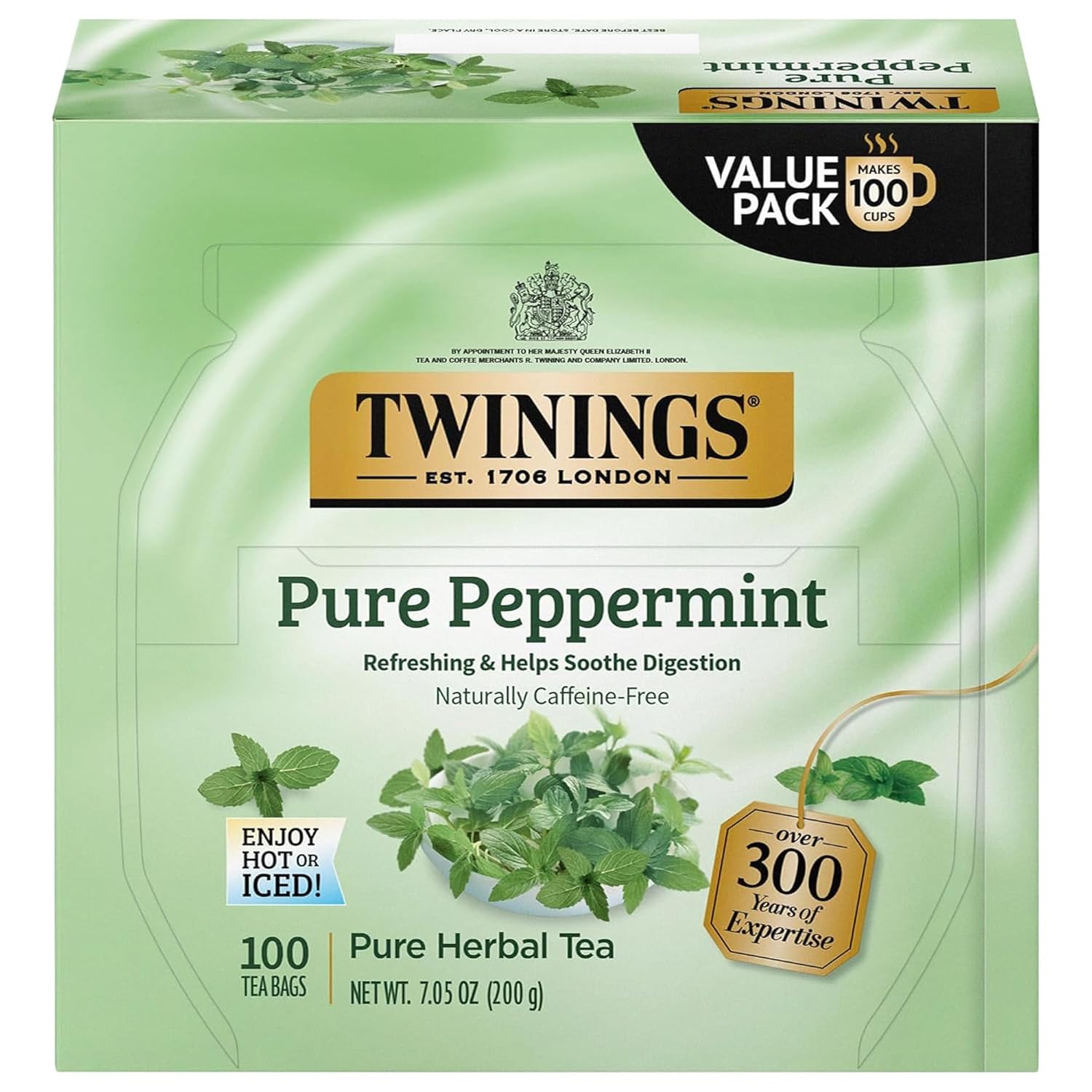 Twinings Pure Peppermint Herbal Tea - 100 Individually Wrapped Teabags | Fresh Minty Flavor, Caffeine-Free