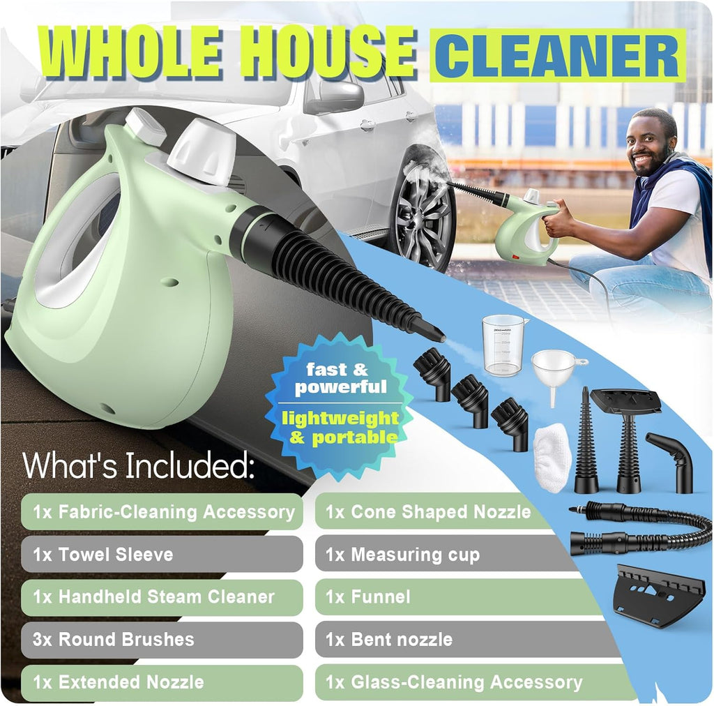 Skiennix Steam Cleaner - Powerful Handheld Pressurized Steamer with 11-Pc Set | Chemical-Free Multi-Surface Cleaning for Furniture, Upholstery, Grout, Couch & Car