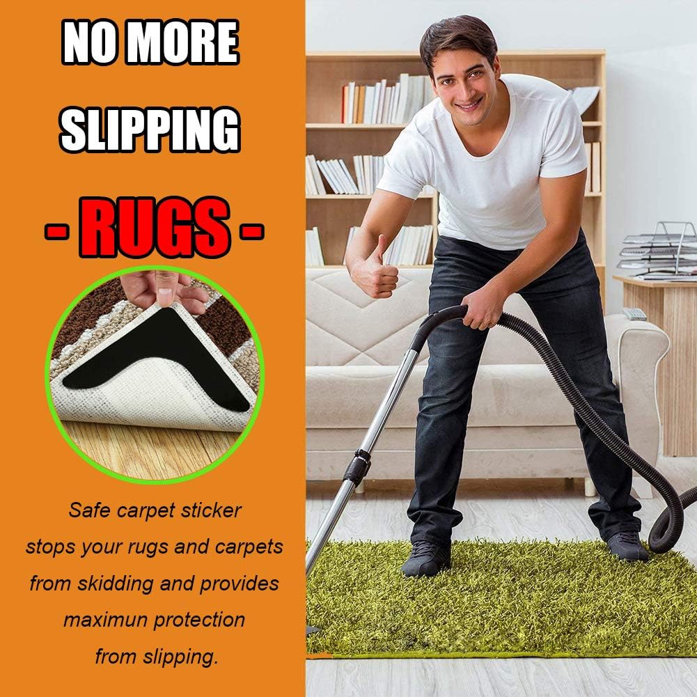 Skiennix Rug Grippers - Super Sticky Anti-Curling Carpet Tape | Non-Slip 8-Piece Set (Black)