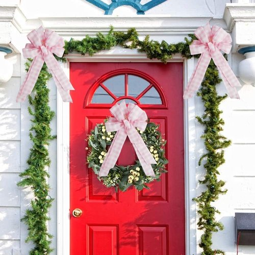 Meseey Large Pink Plaid Burlap Bow - 20 x 10 Inch Wreaths for Spring Decor & Gift Wrapping