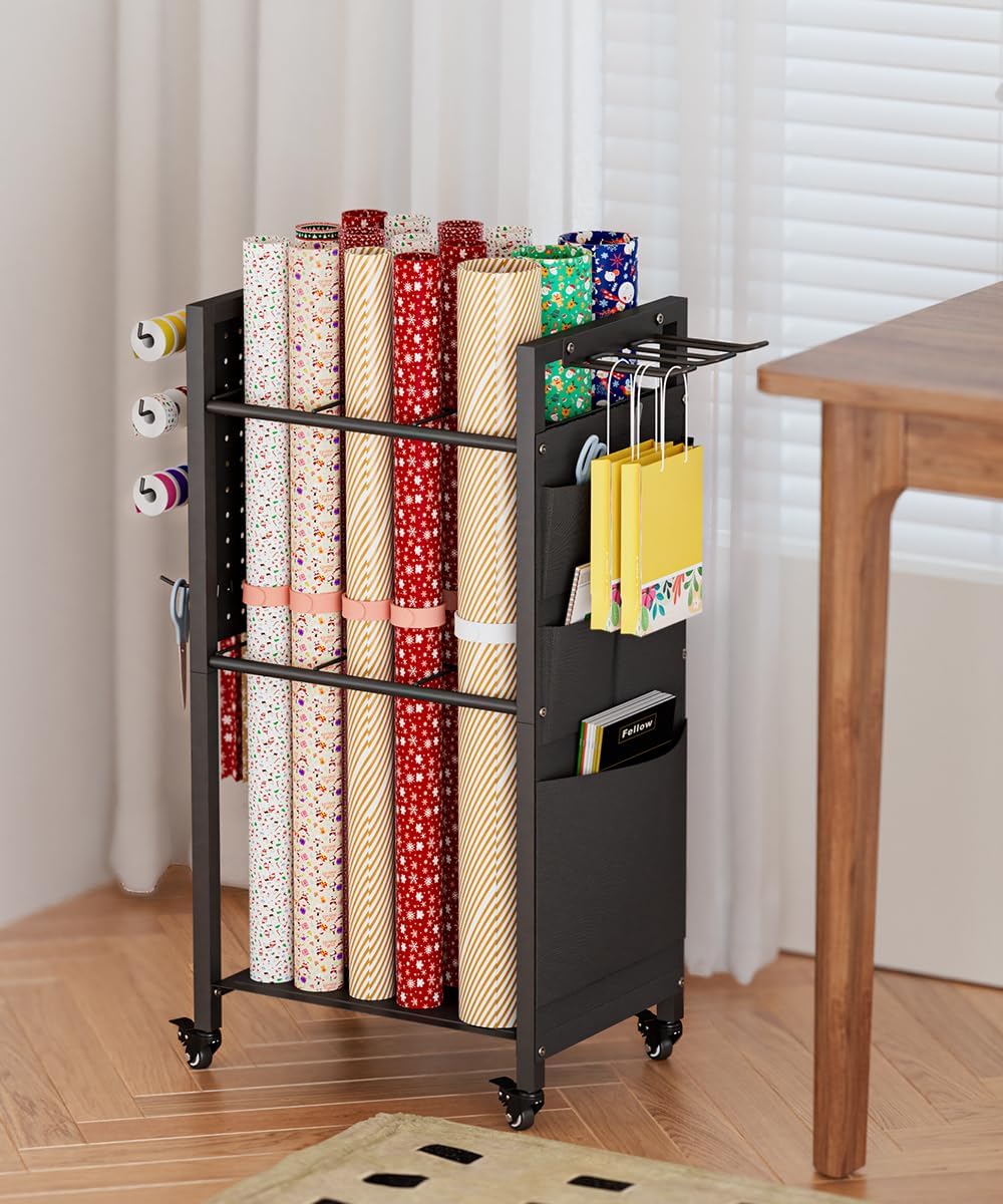 Skiennix Wrapping Paper Storage Organizer - Rolling Gift Wrap Station with Wheels & 12PCS Slap Bands | Black