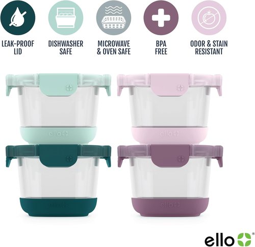 Ello Duraglass Refresh 4-Pack | 2-Cup Reusable Glass Containers with Leak-Proof Lids & Silicone Sleeves | BPA-Free, Dishwasher Safe
