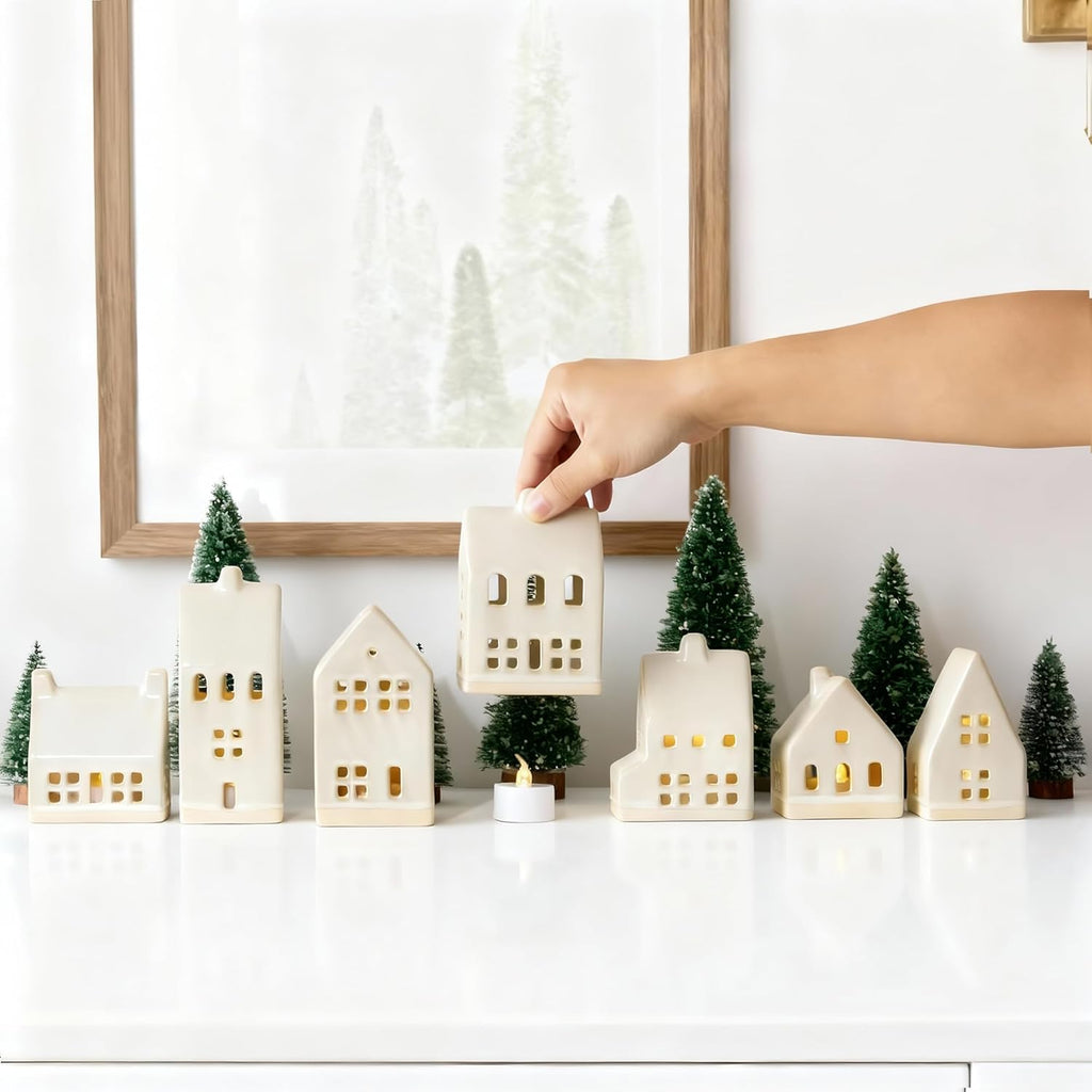 Skiennix Christmas Village Set - 7 White Ceramic Houses with LED Tea Lights & Mini Trees | Festive Indoor Decor for Fireplace & Tabletop