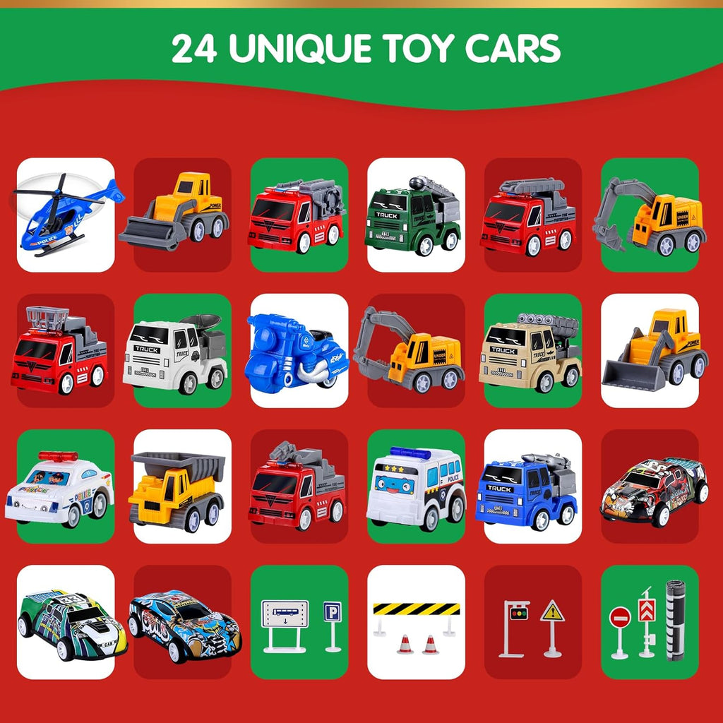 Quanquer Kids Advent Calendar - 24 Days Christmas Countdown with Pull Back Cars Set for Boys