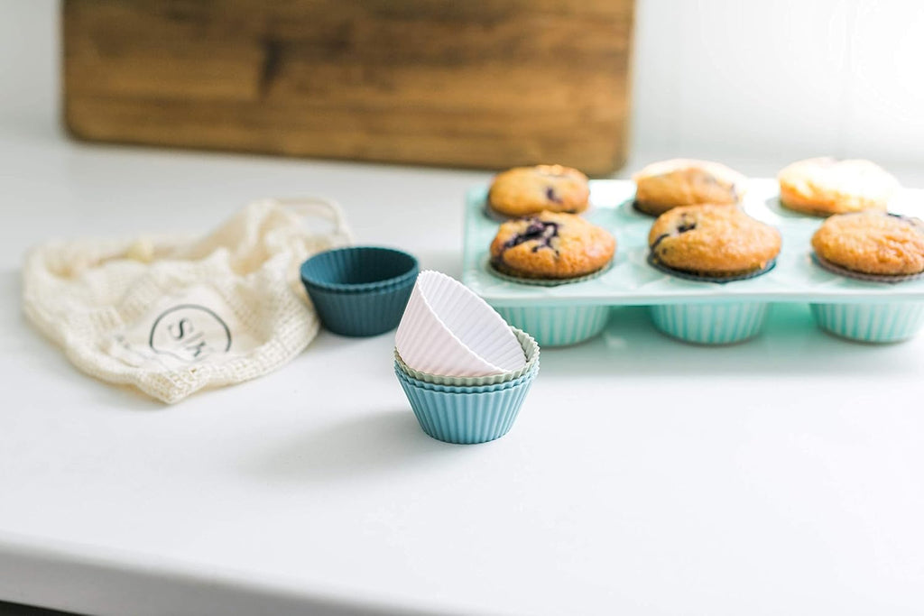 Skiennix Reusable Silicone Baking Cups - BPA-Free Muffin Liners | 12 Pack in White, Blue, Green