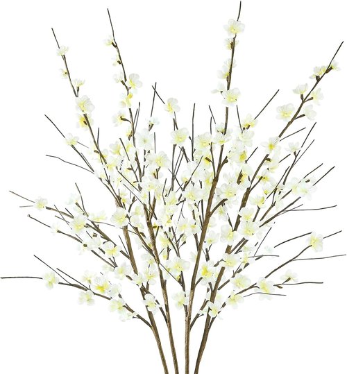 Krissing Cherry Blossom Branches - 39” Tall White Faux Flowers for Home & Wedding Decor