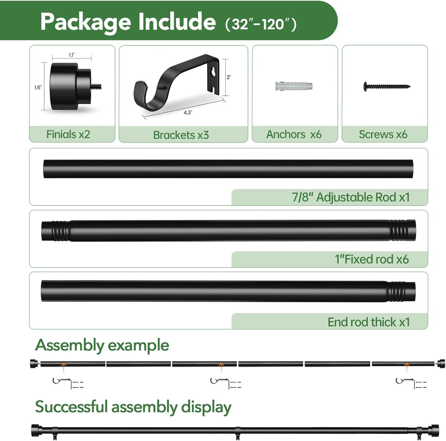 Time Forest Black Curtain Rods - Adjustable 32 to 120 Inch Heavy Duty, Modern Style for Indoor/Outdoor Use