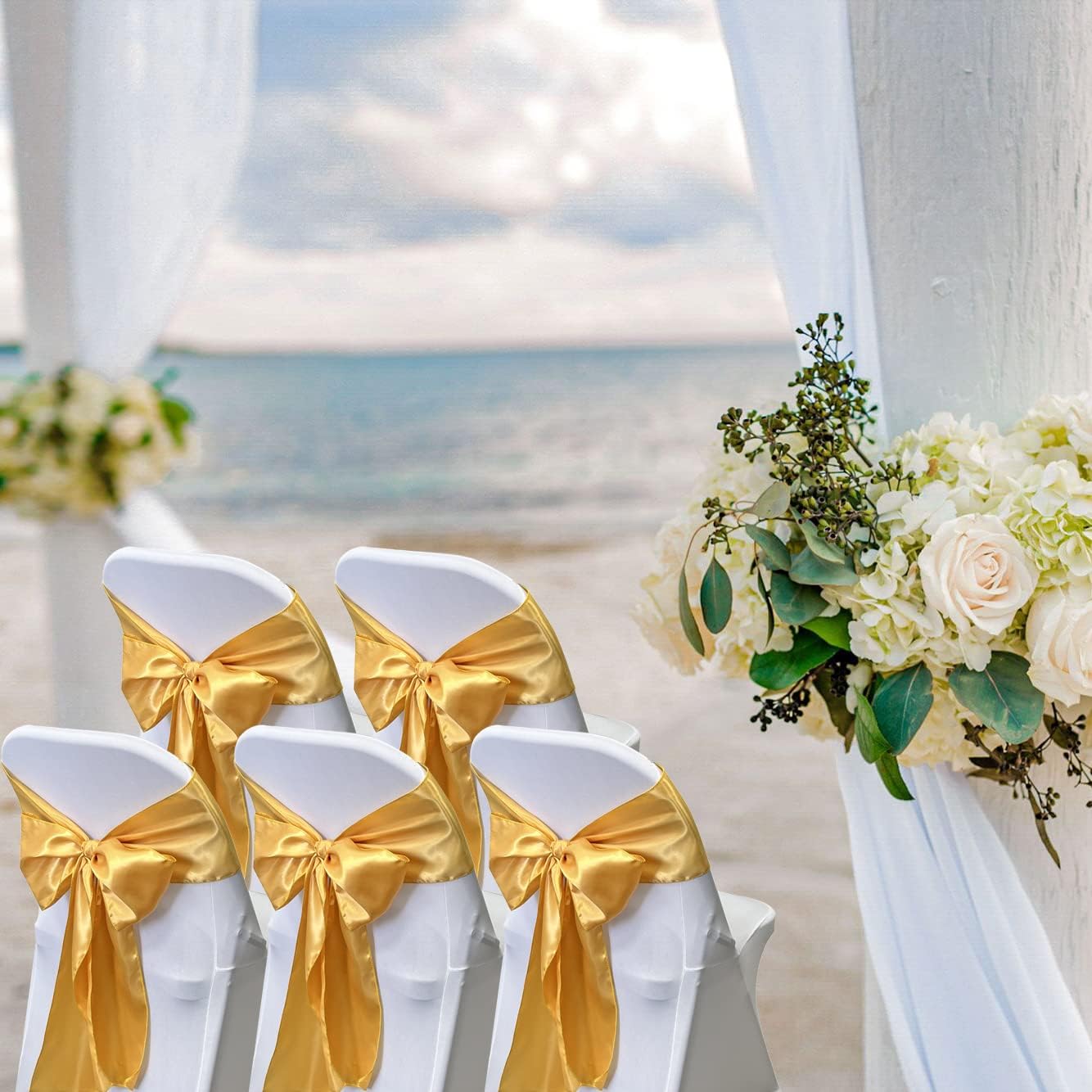 Skiennix Satin Chair Sashes - 50PCS Elegant Ribbon Ties for Wedding & Party Decor | Gold