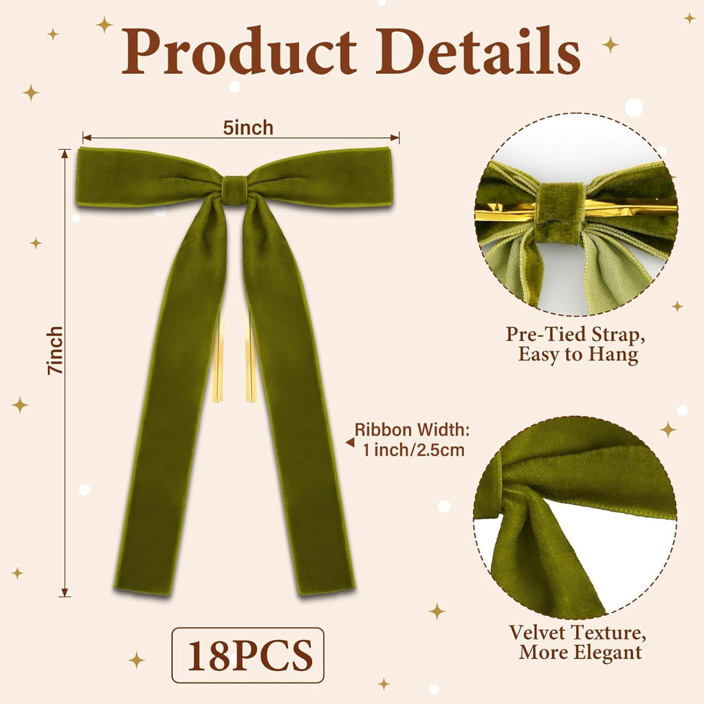 Skiennix 18Pcs Olive Green Velvet Bows - Elegant Christmas Tree Decorations | 5x7" Size, 1" Wide