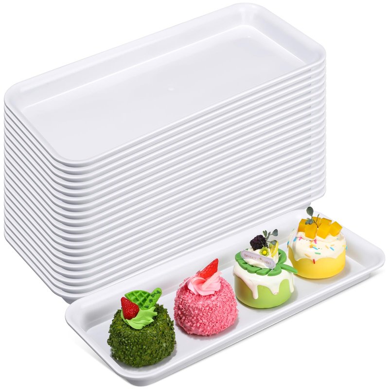 Ziliny 20 Pcs Serving Platters 14 x 6 Inch Rectangle Serving Trays Reusable Food Tray Dishes Dessert Trays Plastic Plates for Wedding Home Table Thanksgiving Christmas Party(White)