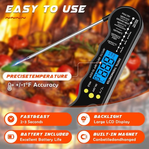 Instant Read Meat Thermometer - Fast, Accurate Digital Cooking Thermometer with Magnet & Backlight (Black)