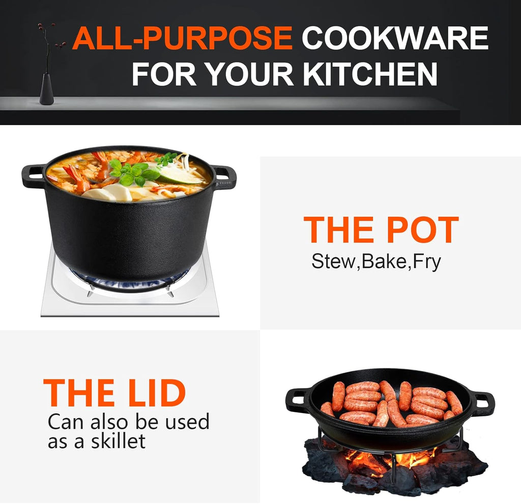 Overmont 5QT Cast Iron Dutch Oven - Pre-Seasoned All-in-One Casserole & Skillet Lid with Silicone Handle Covers