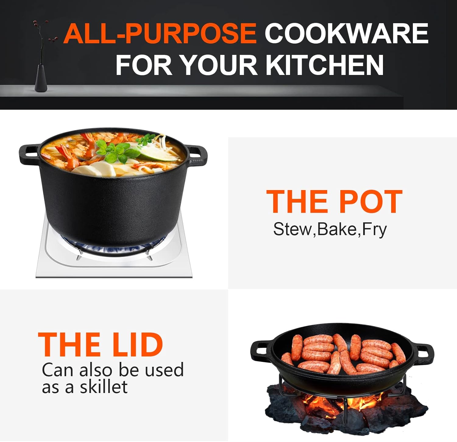 Overmont 5QT Cast Iron Dutch Oven - Pre-Seasoned All-in-One Casserole & Skillet Lid with Silicone Handle Covers