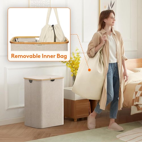Lifewit 150L Laundry Basket - Foldable Clothes Hamper with Lid & Bamboo Handles | Beige