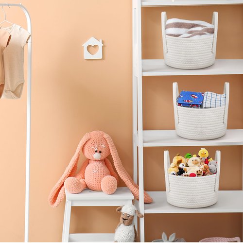 FillTouch 3 Pack Small Woven Baskets with Handles Cute Basket Gift Cotton Rope Baby Woven Nursery Shelf Storage Organizer Bin with Handles White Soft Organizer for Empty Room 9.5'' x 9.5'' x 5.5''