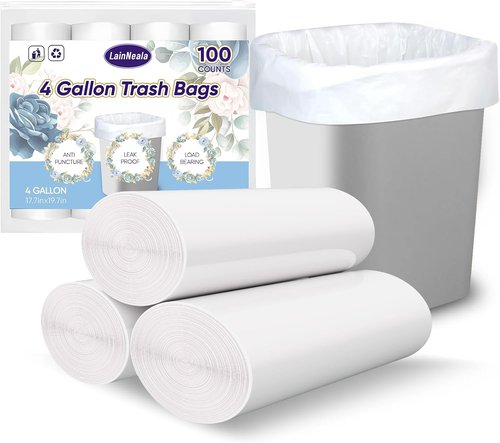 LainNeala Small Trash Bags - 4 Gallon, 100 Count Unscented Mini Garbage Bags for Bathroom | White Liners