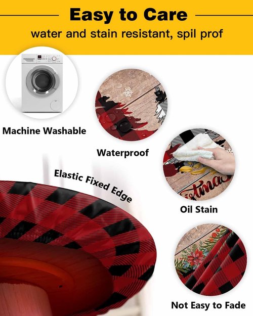 EwdeWwo Christmas Elastic Round Tablecloth, Christmas Tree Red Buffalo Plaid Xmas Snowflake Fitted Tablecloths for Round Table Oil-Proof Waterproof Table Cloth (Fit for 45" - 54" Round Tables)