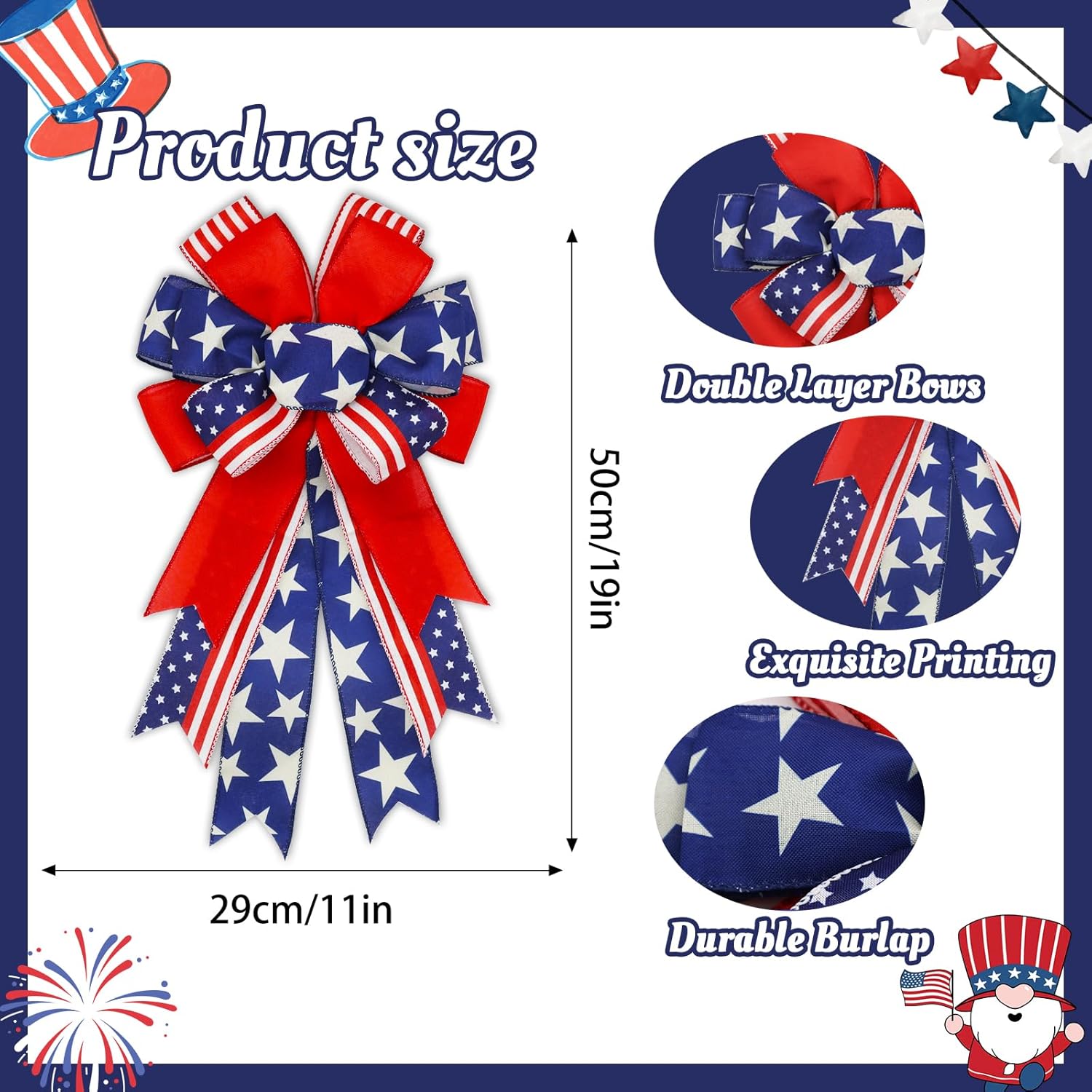 Skiennix Large Patriotic 4th of July Bows - Pre-Tied Wired Ribbon Bows, 20x11 Inch, 2 Pack for Outdoor Decor