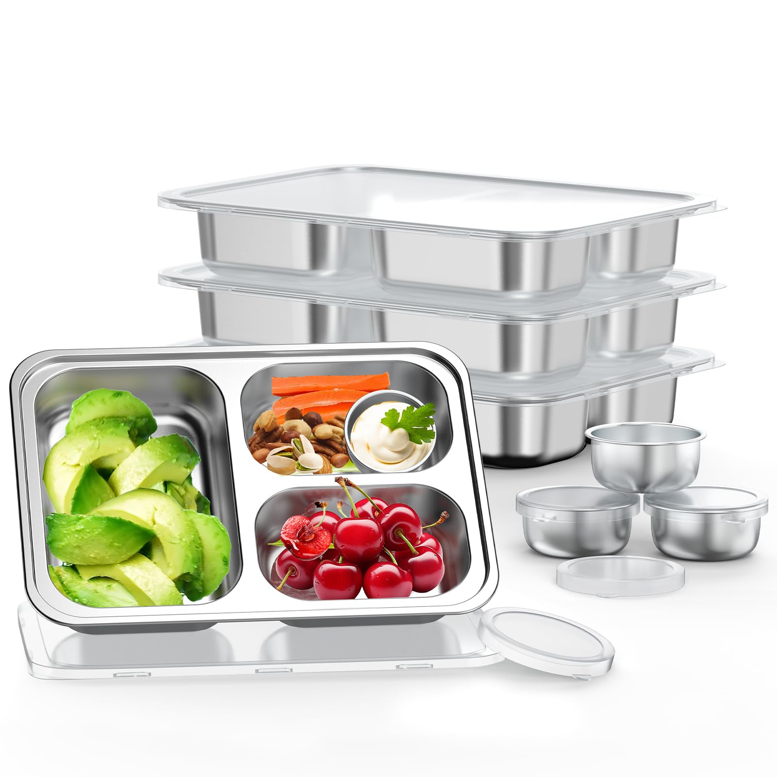 Bakpoco Stainless Steel Divided Plate for Kids Toddler, Non Toxic Portion Control Plate Dinner Plate with Lid for Adults Weight Loss, 4 Pack 3 Sections Rectangular Snack Plate Tray