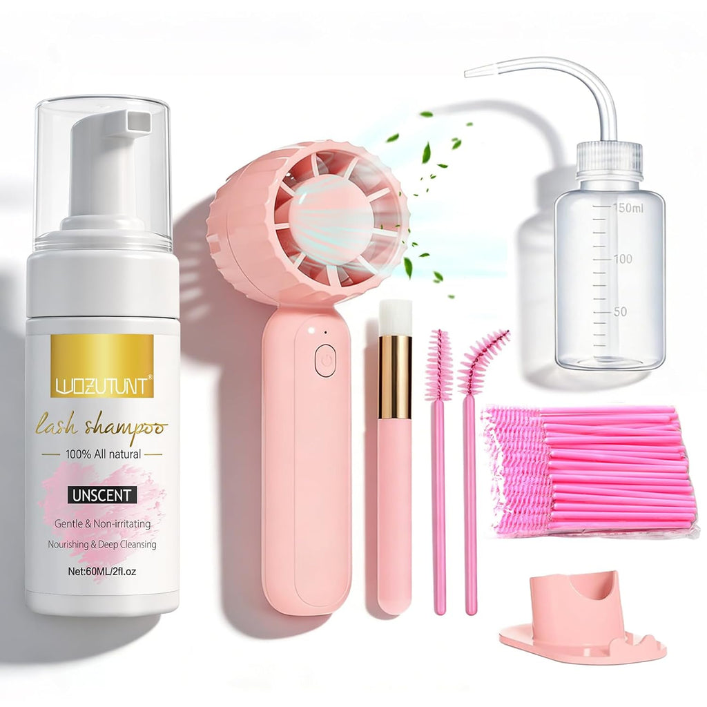 Skiennix Eyelash Extension Cleanser - Gentle Lash Mousse & Shampoo with USB Mini Portable Fan | Rechargeable Handheld Air Conditioner