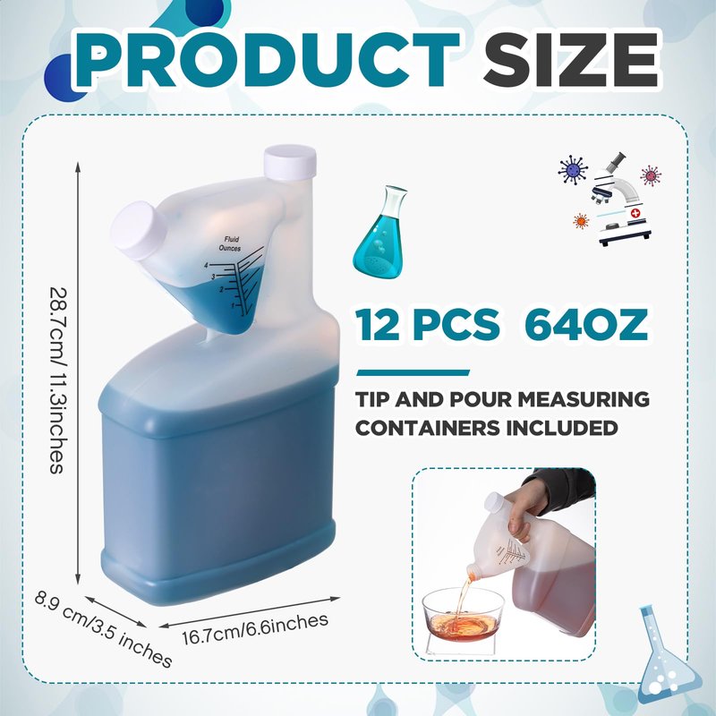 Yiyiring 12 Pcs 64 oz Measure Container Tip and Pour Measuring Chemical Containers HDPE Plastic Measuring Bottle, up to 4oz Measure Capacity