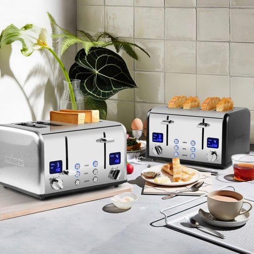 Stainless Steel Toaster, CUSIMAX 4 Slice Toaster with Smart LED Display, Exart Wide Slots, 6 Shade Settings, 1650 Watts, Bagel and Defrost Fuction, Cancel Button, Removable Crumb Trays