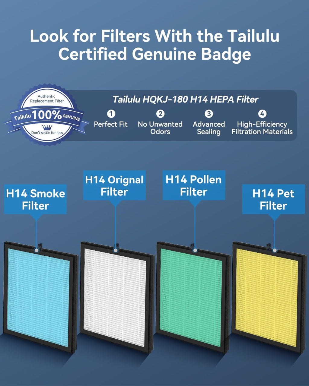 Tailulu HQKJ-180 Air Purifier - Smart Mode, 20dB Sleep Mode, H14 HEPA Filter for Large Rooms Up to 2200ft²