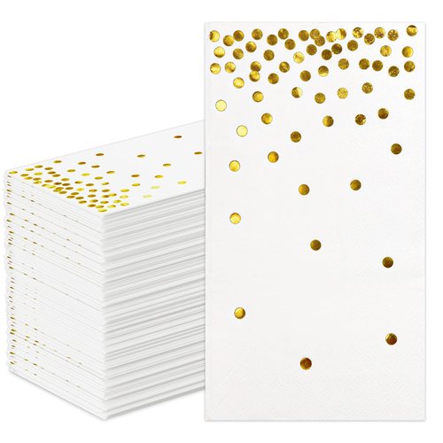 DYLIVeS 100 Pack White and Gold Foil Polka Dots Confetti Guest Towel Napkins, Disposable Xmas Hand Towels Dinner Paper Napkins for Birthday Party, Picnic, Wedding, Christmas Party Supply, 3-Ply