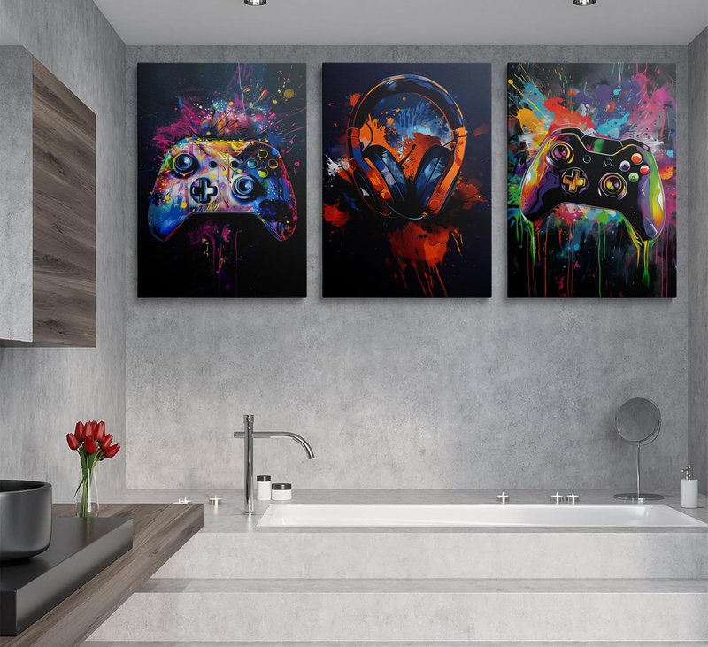 Stylish Gaming Room Decor For Boys - Cool 3pc Canvas Wall Art With Graffiti & Neon Vibes - Perfect Gamer Wall Decor For Teens, Men & Gamers - Awesome Gifts For Bedroom, Desk Or Bathroom Ready To Hang (16"x24"x3PCS)