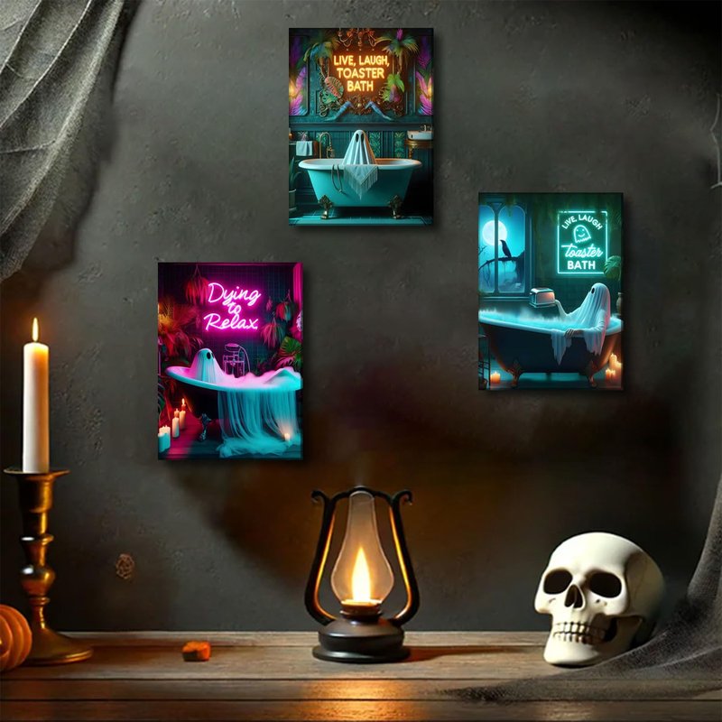 3 Pcs Framed Halloween Ghost Neon Bathroom Canvas Wall Art Neon Sign Dying To Relax Wall Decor Pictures Funny Gothic Ghost Toaster Posters Prints for Restroom Dark Humor indie room Home Decortion
