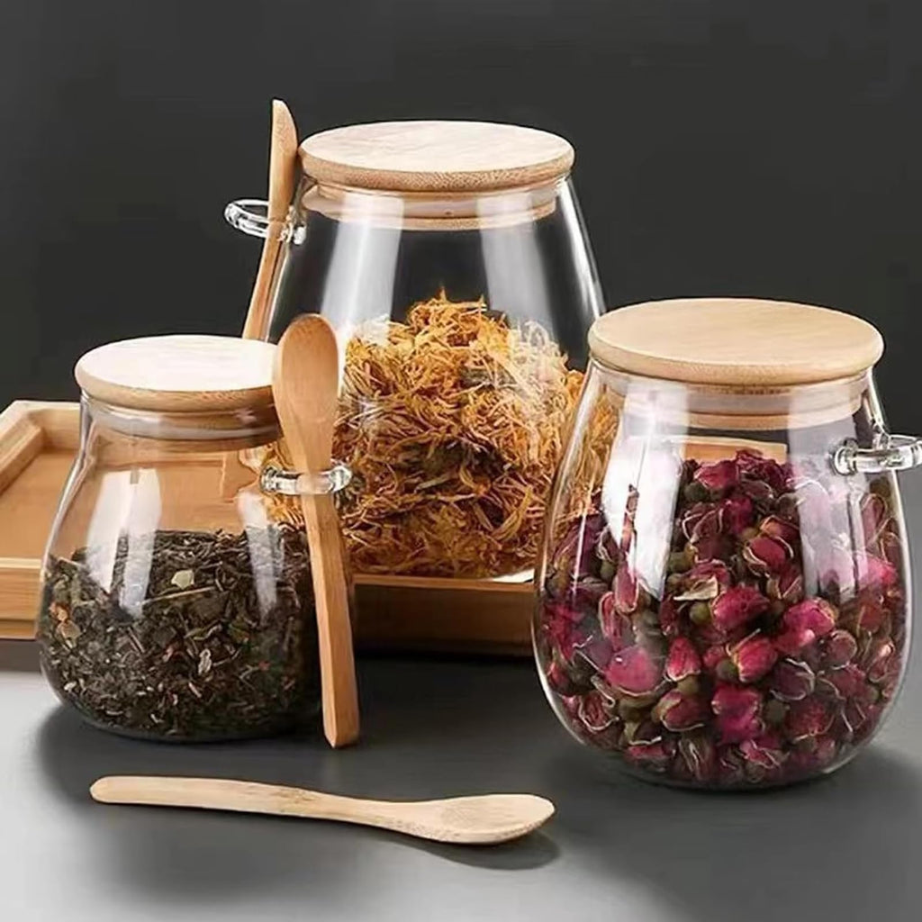 DNIENKGE Airtight glass jar storage container with bamboo lid Set of 4, wide mouth, leak-proof, With a spoon, can be used for coffee beans, tea leaves, grains, dried fruits, etc (Small*4pcs)
