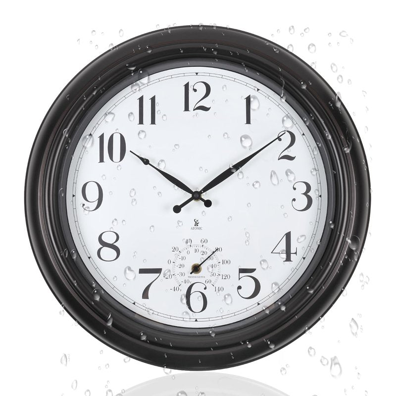Aurowit Atomic Outdoor Wall Clock 18 Inch Sealed Outdoor Waterproof Clock with Temperature, Auto-Set Time, Easy to Read - Large Patio, Pool Clock for Outside, Backyard, Garden