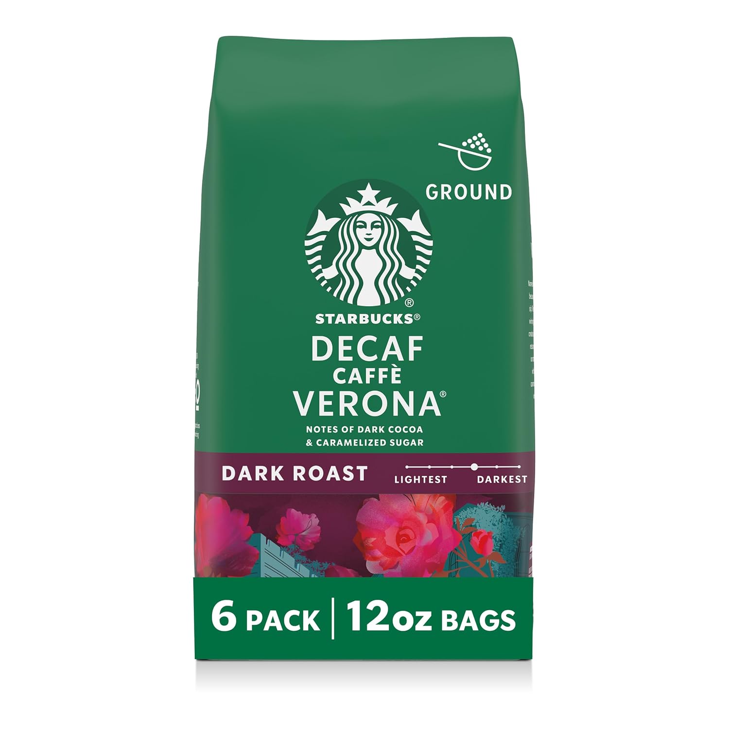 Starbucks Ground Coffee - Decaf Caffè Verona, Dark Roast for Hot or Iced Coffee | Six 12 oz Bags