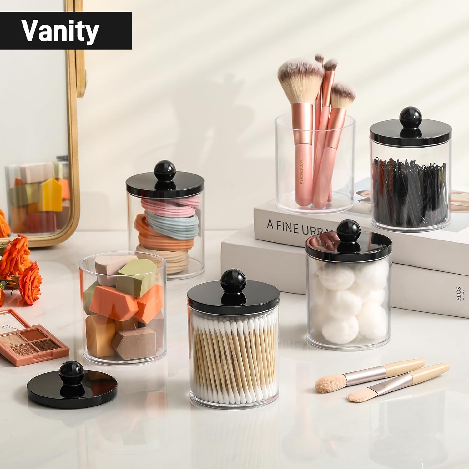 Skiennix Acrylic Qtip Holder Dispenser - 6 Pack Cotton Swab & Makeup Storage Canisters | Clear & Black