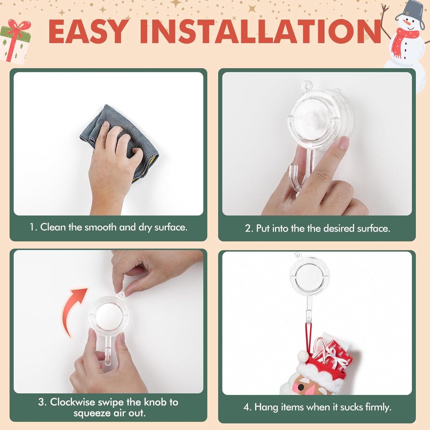 VIS'V Wreath Hanger - Heavy Duty Suction Cup Hooks | 22 LB Capacity, Removable & Reusable, Clear, 2 Pcs