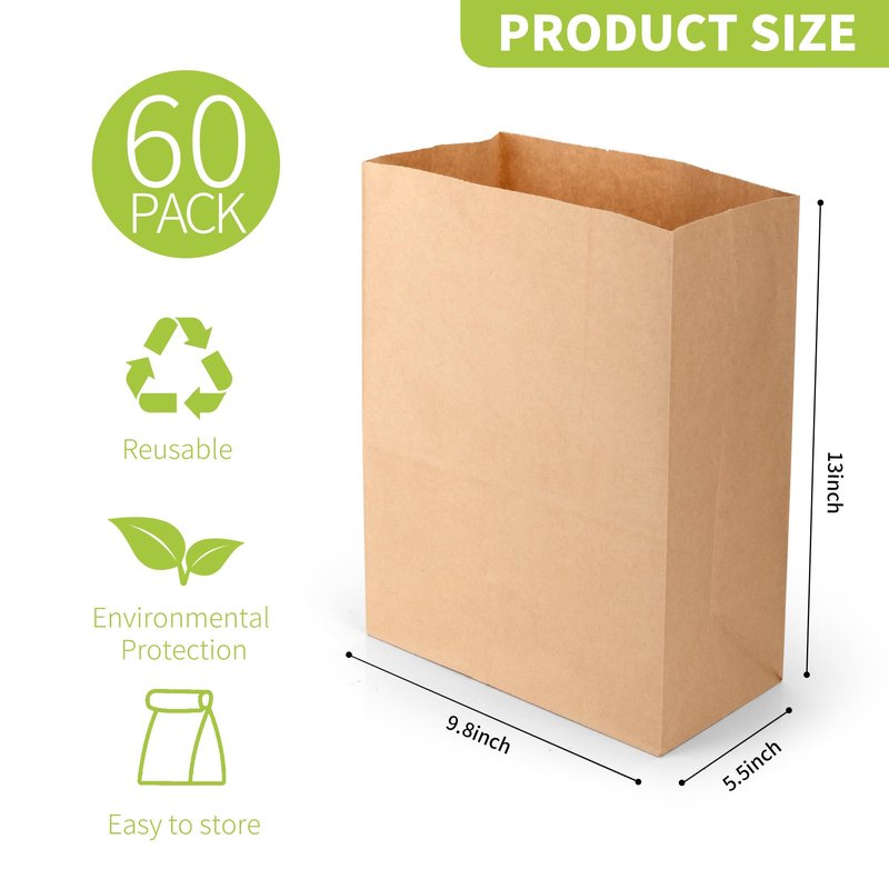 MATUFF 16 Lb Heavy Duty Kraft Paper Bags 60 Pcs Bulk, 9.8x5.5x13 Inch - Natural Brown Grocery Bags for Large Snacks, Takeout, Bakery, Restaurant | Sandwich & Lunch bags for Household, Shopping