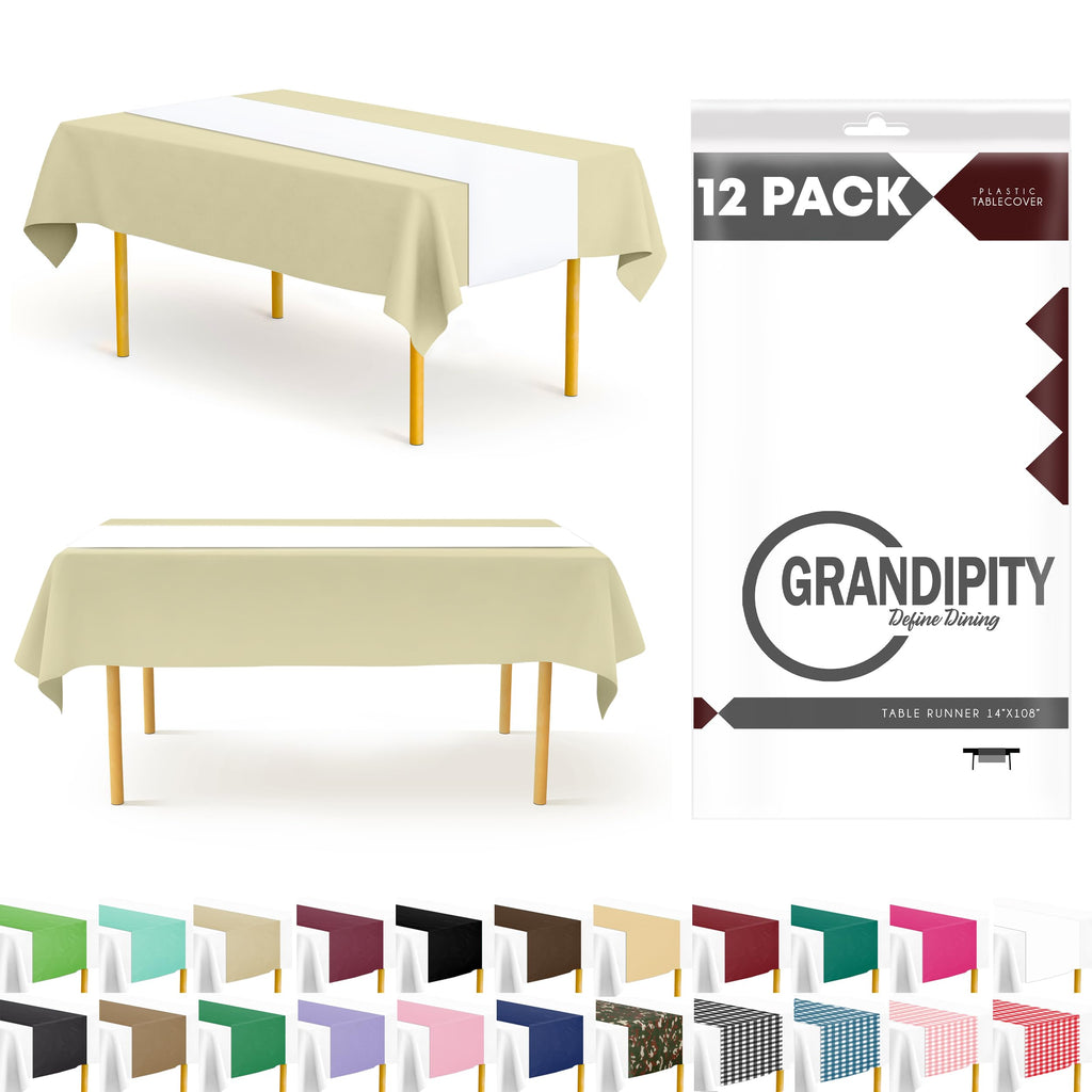 White 12 Pack Premium Disposable Plastic Table Runner 14 x 108 Inch. Table Runner for Dinner Parties & Events by Grandipity