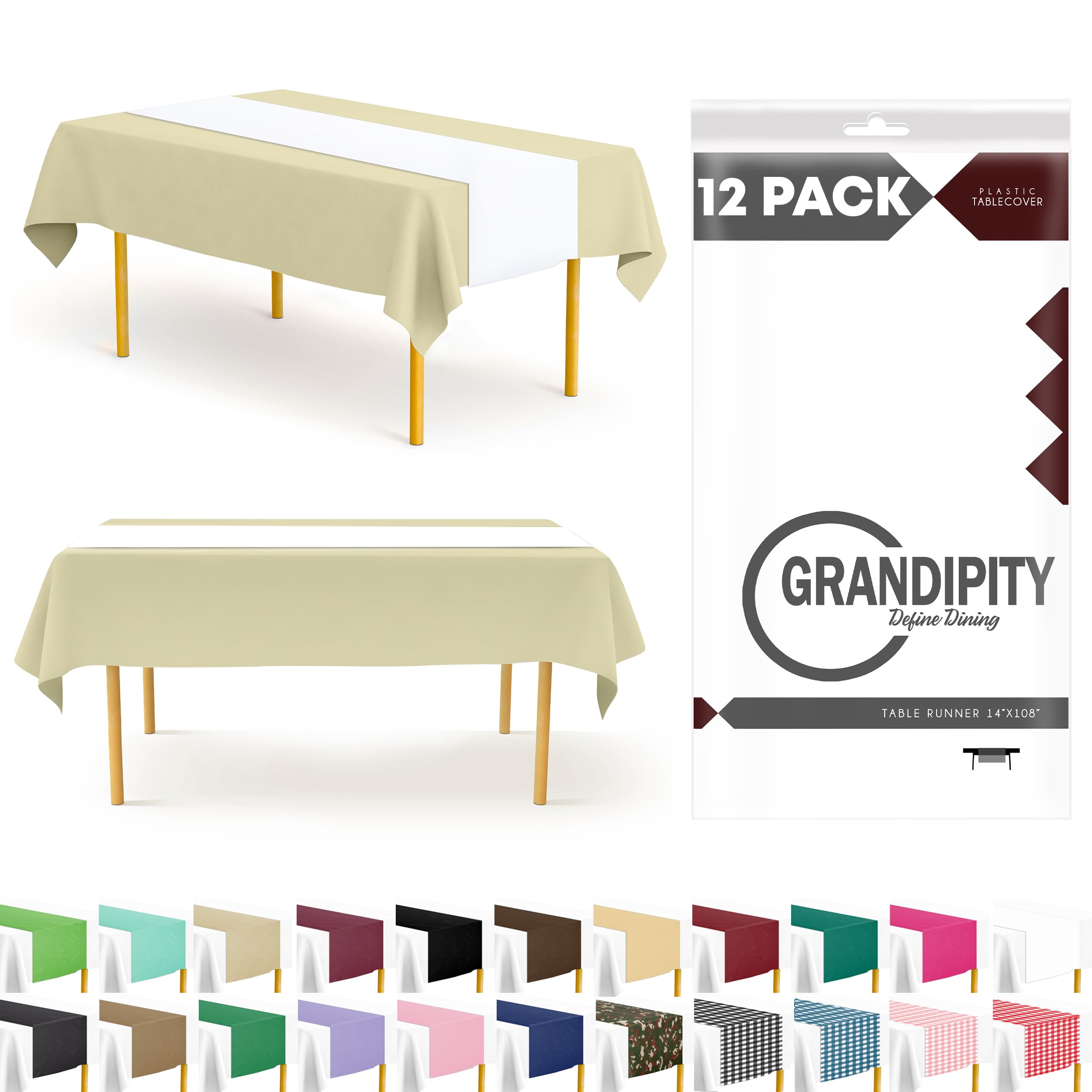 White 12 Pack Premium Disposable Plastic Table Runner 14 x 108 Inch. Table Runner for Dinner Parties & Events by Grandipity