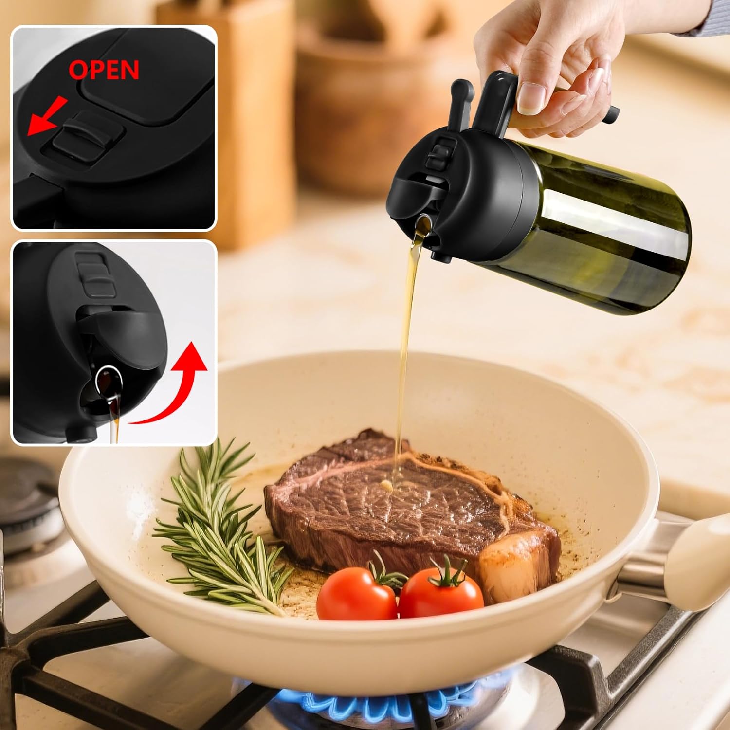 Sweet View Olive Oil Dispenser & Sprayer - 16oz Glass Light-Proof Pourer for Cooking, BBQ & Salad