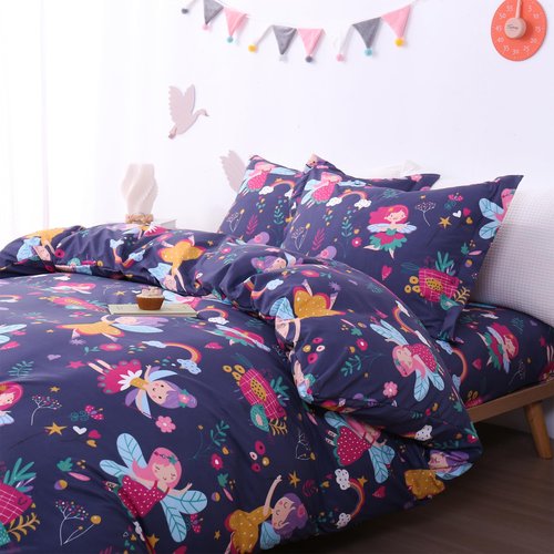 JSD Fairy Floral Kids Duvet Cover Set Full Size, 3 Piece Girls Printed Microfiber Comforter Cover with Pillow Shams Zipper Closure, Comforter Not Included