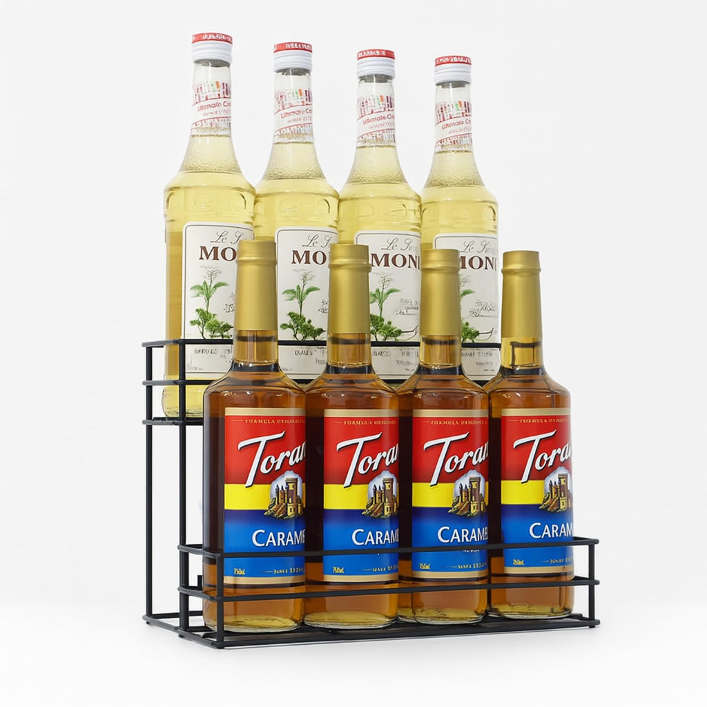 onneka Coffee Syrup Rack & Syrup Holder – Loved by 5,000+ Coffee Fans! 2-Tier Rustproof Rack, Fits 750ml Torani & Monin Bottles, Elevate Coffee Bars, Kitchens, Pubs, Restaurants & Parties (8 bottles)
