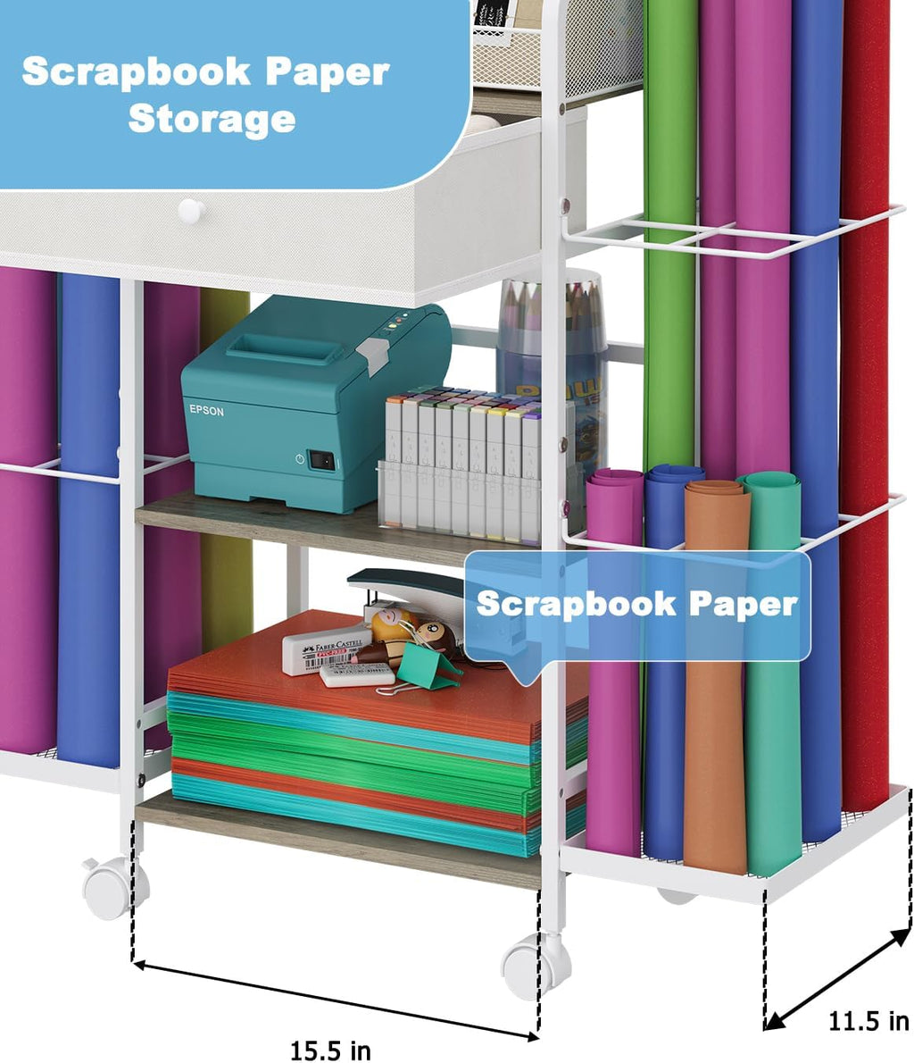 Rsaayekkt Wrapping Paper Storage Cart - Rolling Gift Wrap Station with Fabric Drawer & Ribbon Holder