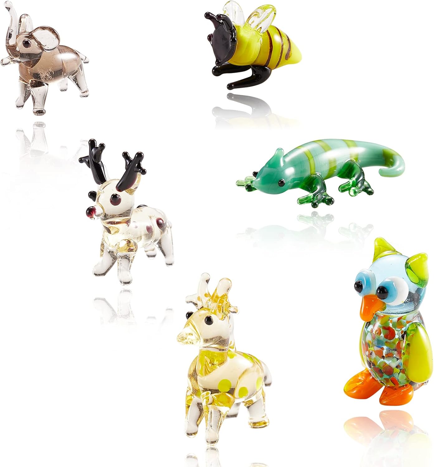 Skiennix 6Pcs Hand Blown Glass Figurines - Unique Christmas Reindeer, Birds, Giraffes & More | Perfect for Home Decor & Gifts