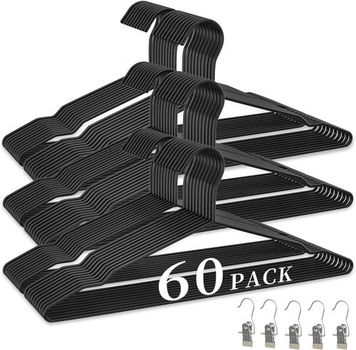 60Pack Metal Wire Hangers+5 Clothes Pins, 16.5" Wire Clothes Hangers for Standard Sized Shirt, Suits, Jackets, Skirts, Ultra Thin Space Saving, Bulk for Home and Commercial